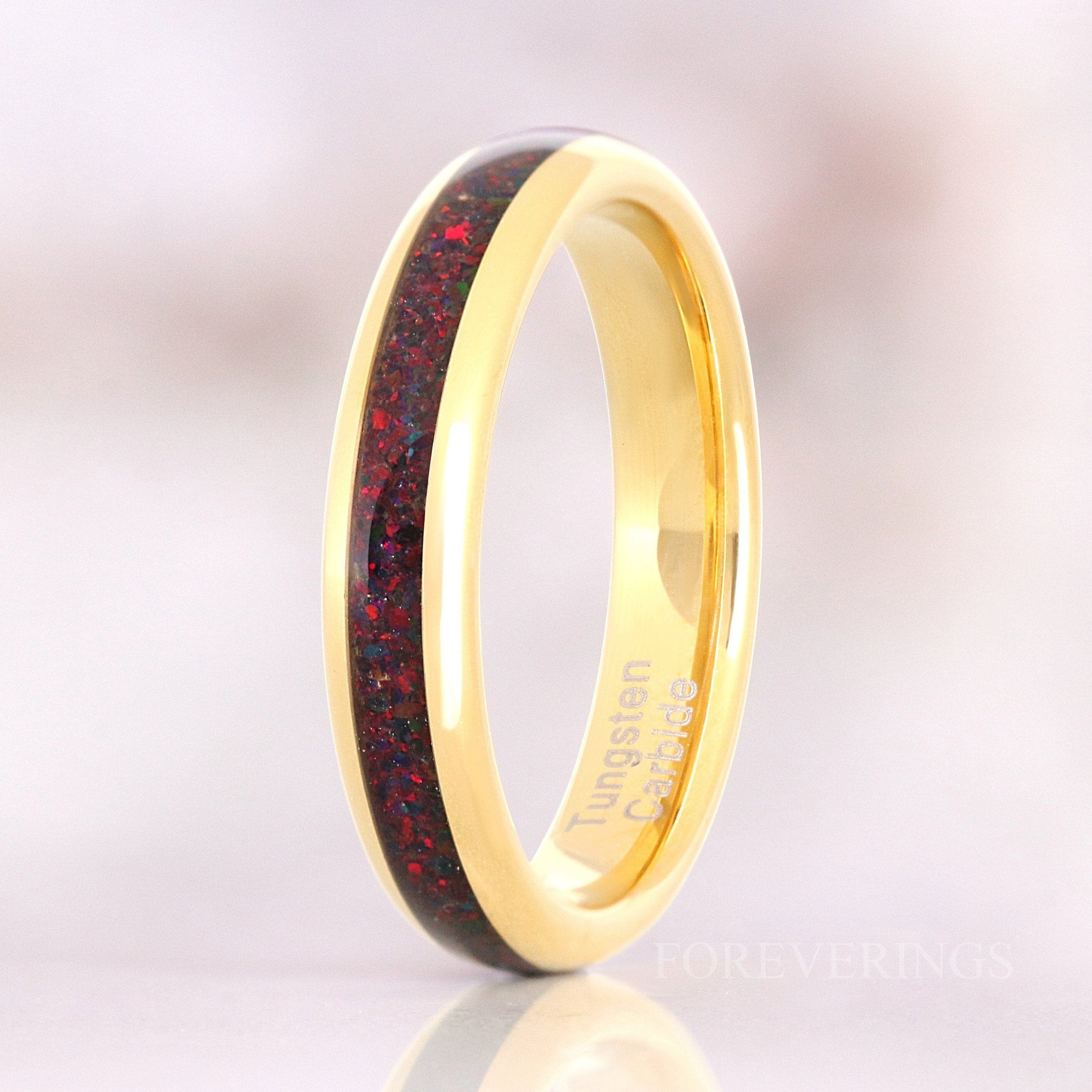 Crushed Black Fire Opal Ring Gold Tungsten Band, 4mm Women Men Wedding Ring, Black Opal Ring, Dome, Polish, Comfort Fit, Ring Engrave