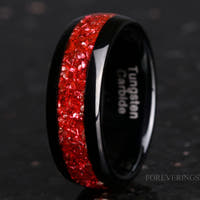 Ruby Red and Black Tungsten Wedding Band, 8mm 6mm 4mm Men Women Ring, Crushed Red German Glass Stones, Polished, Unique Band, Ring Engraving