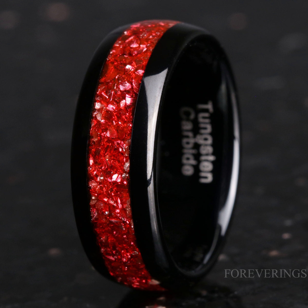 Ruby Red and Black Tungsten Wedding Band, 8mm 6mm 4mm Men Women Ring, Crushed Red German Glass Stones, Polished, Unique Band, Ring Engraving