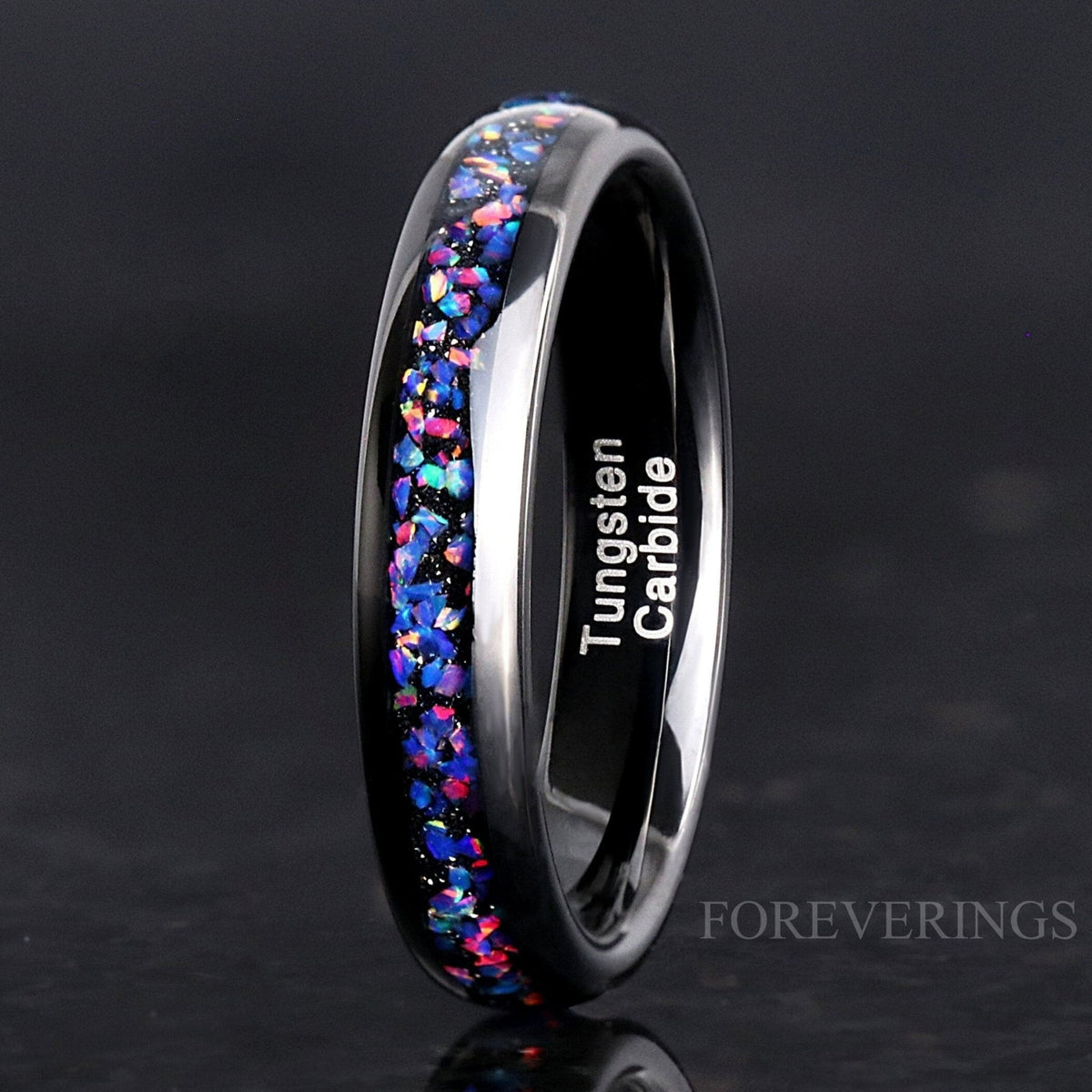 Van Gogh Opal Ring | Black Tungsten Wedding Band | 4mm