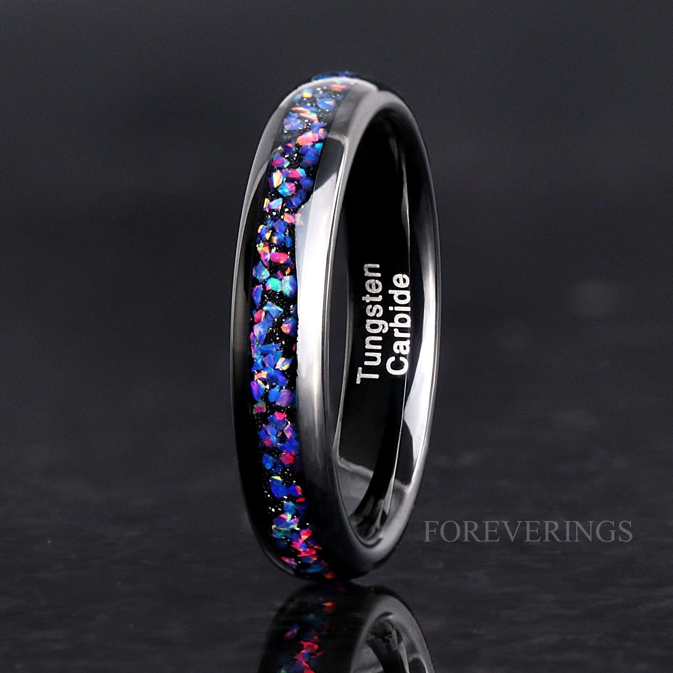 Black Starry Night Van Gogh Opal 4mm Ring, Tungsten Wedding Band, Black Opal Ring, Women Men Ring, Dome, Polished, Unique Band, Ring Engrave