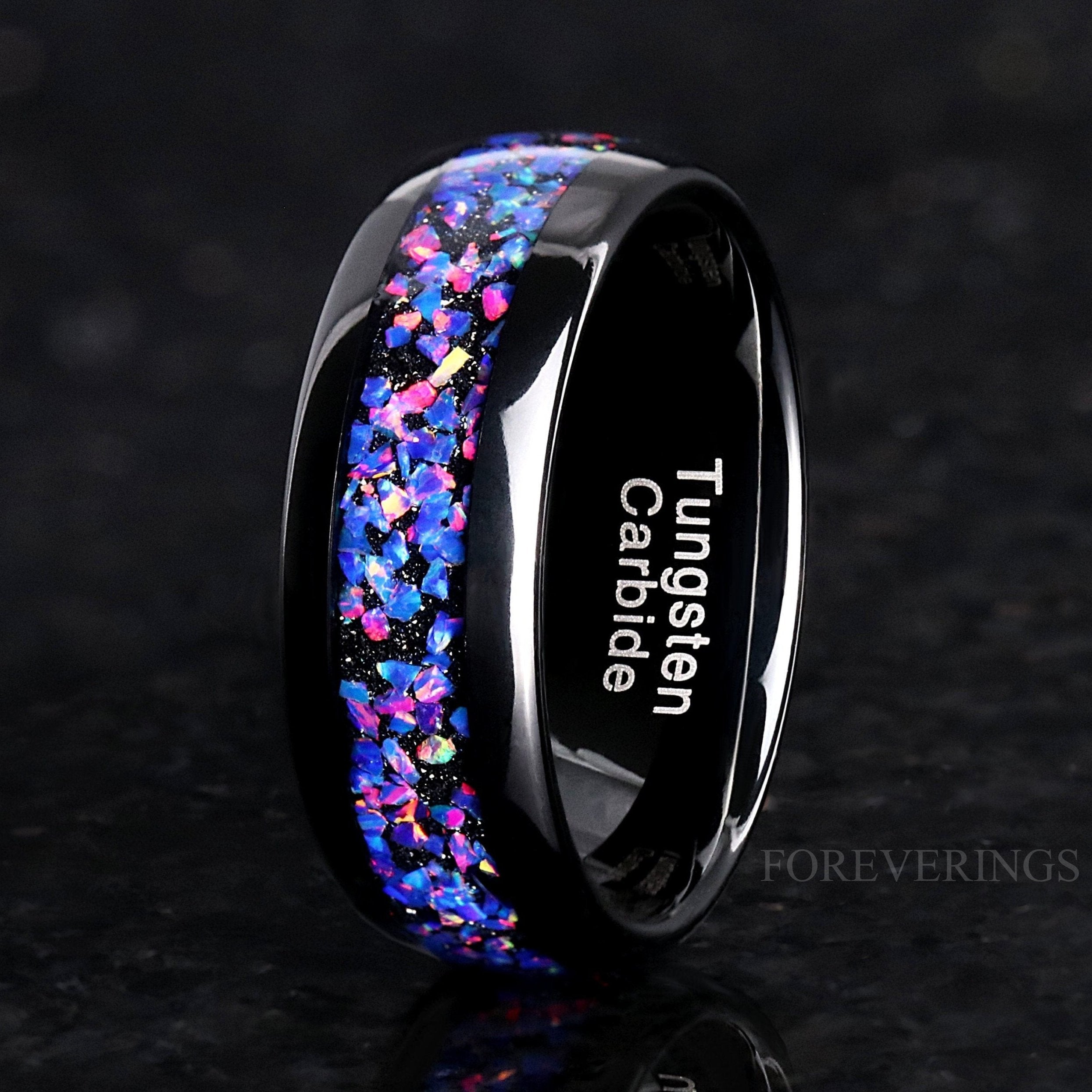 Black Starry Night Van Gogh Opal Ring for Men, 8mm Black Tungsten Wedding Band, Polish, Dome, Comfort Fit, Birthday Anniversary Gift for Him