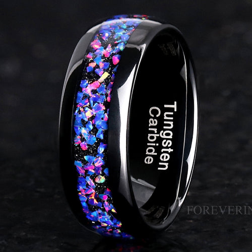 Van Gogh Crushed Opal Inlay Ring | Black Tungsten Wedding Band for Men