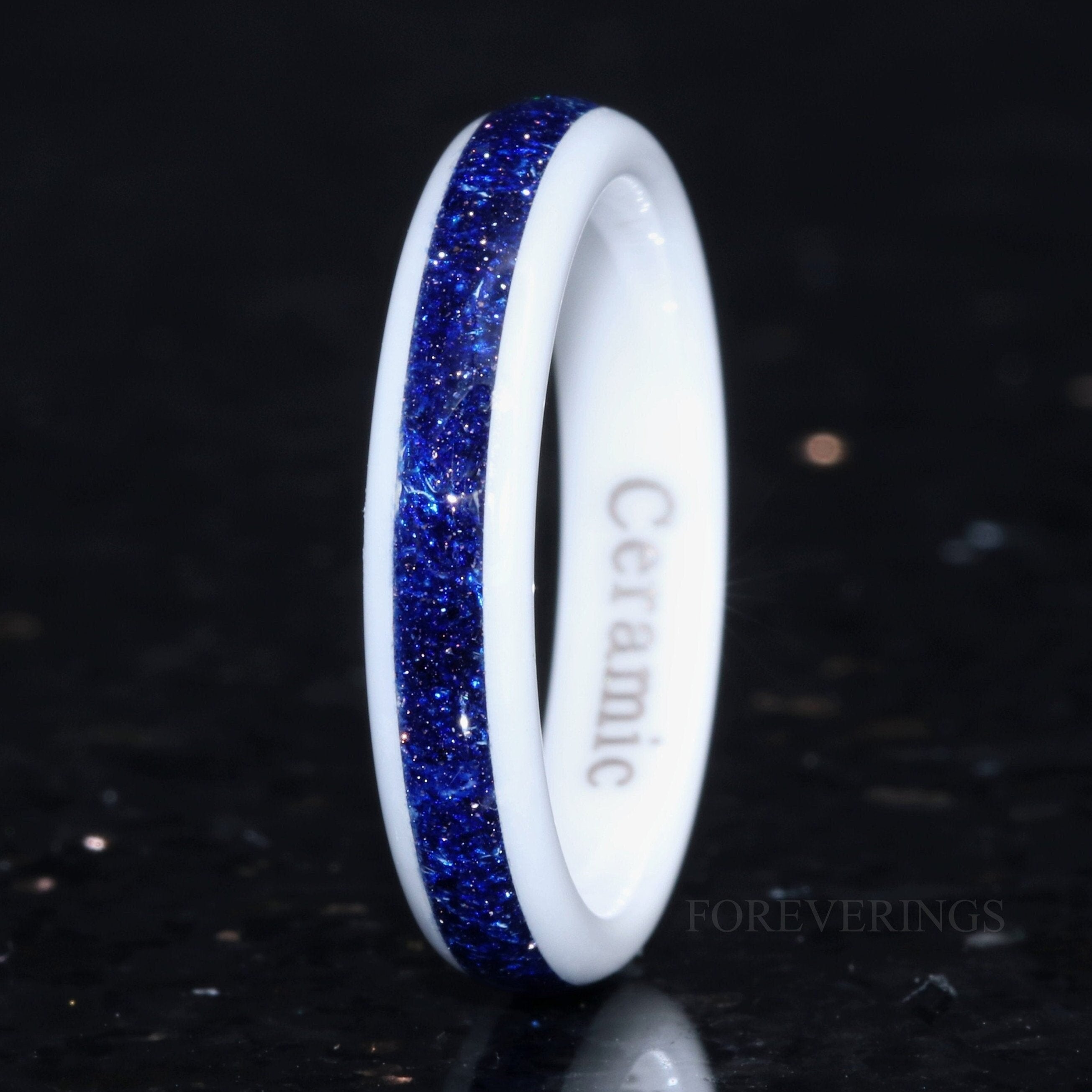 Great Rift Nebula Blue Sandstone Ring, White Ceramic Wedding Band, Outer Space Ring, Dome, Polish, Comfort Fit, Unique 4mm Wedding Ring