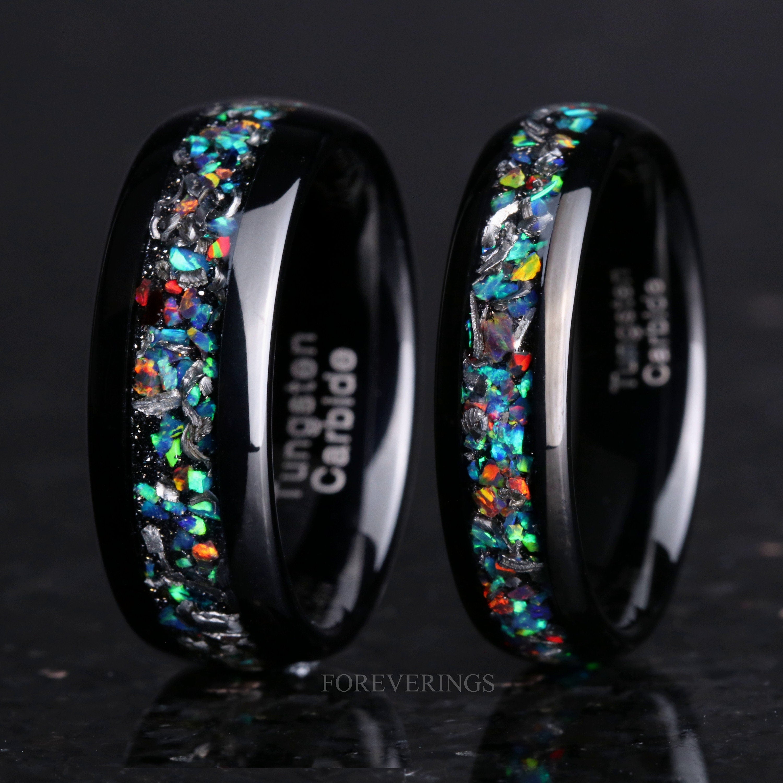 Mens Meteorite Galaxy Opal Ring, Black Tungsten Ring, 8mm 6mm Mens Wedding Band, Unique Meteorite and Opal Ring, Ring Engraving