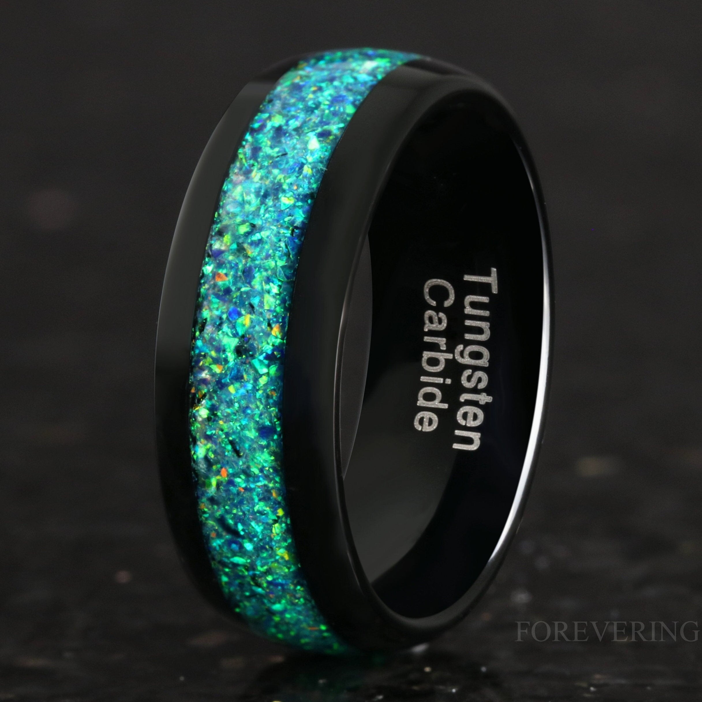 Emerald Coast Ring, 8mm Tungsten Wedding Band, Black Emerald Opal Ring, Black Tungsten Ring, Polish, Dome, Comfort Fit, Gift for Him