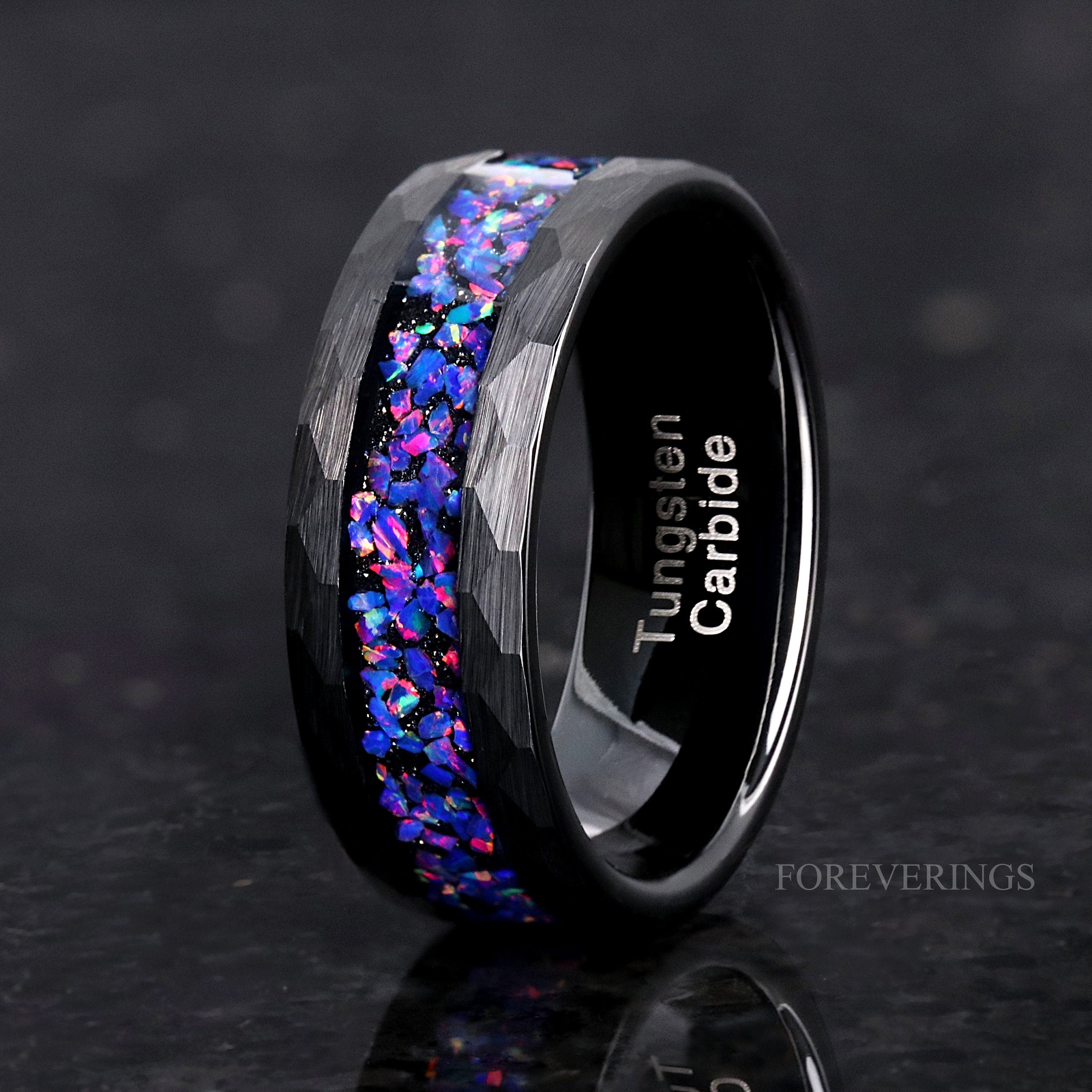 Black Hammered Ring with Starry Night Van Gogh Opal, 8mm Mens Wedding Band, Hammered Matte Black Ring, Unique Faceted Custom Engraved Ring