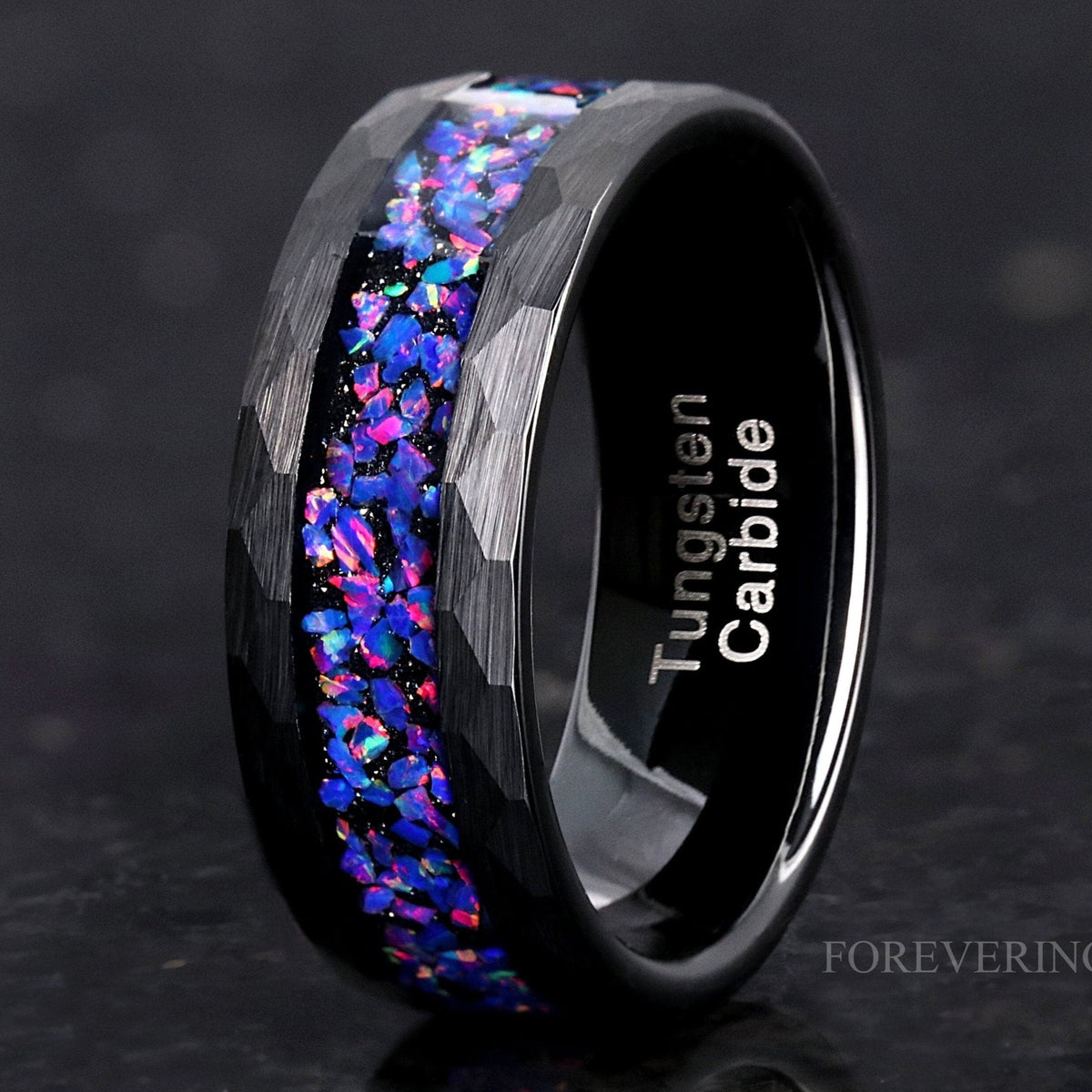 Mens Opal Ring, Starry Night Wedding Band | Hammered Black Tungsten