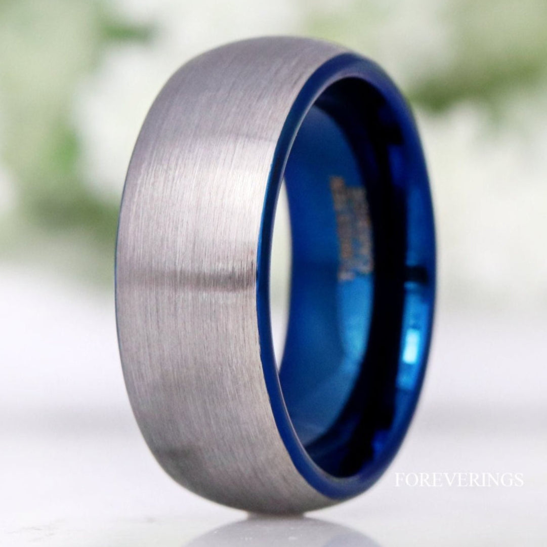 Blue Tungsten Ring, Mens Wedding Band, Mens Ring Blue, Two Tone, Blue and Silver, Brushed Ring, Dome, Silver Tungsten Band, Ring Engraving