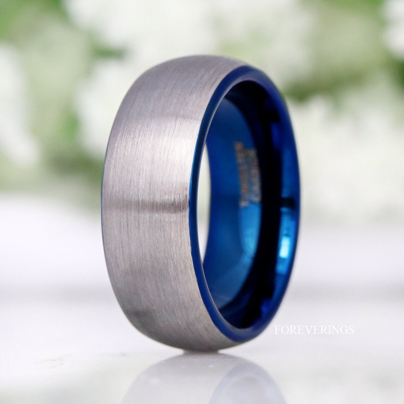 Blue Tungsten Ring, Mens Wedding Band, Mens Ring Blue, Two Tone, Blue and Silver, Brushed Ring, Dome, Silver Tungsten Band, Ring Engraving