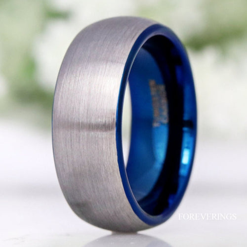 Blue Tungsten Ring, Mens Wedding Band, Mens Ring Blue, Two Tone, Blue and Silver, Brushed Ring, Dome, Silver Tungsten Band, Ring Engraving