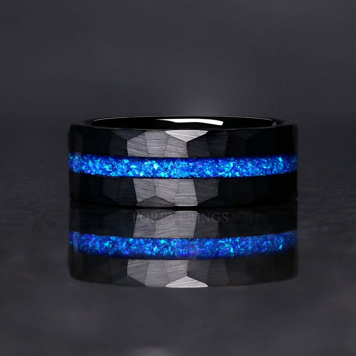 Blue Opal Hammered | Men's Black Tungsten Wedding Band | 8mm