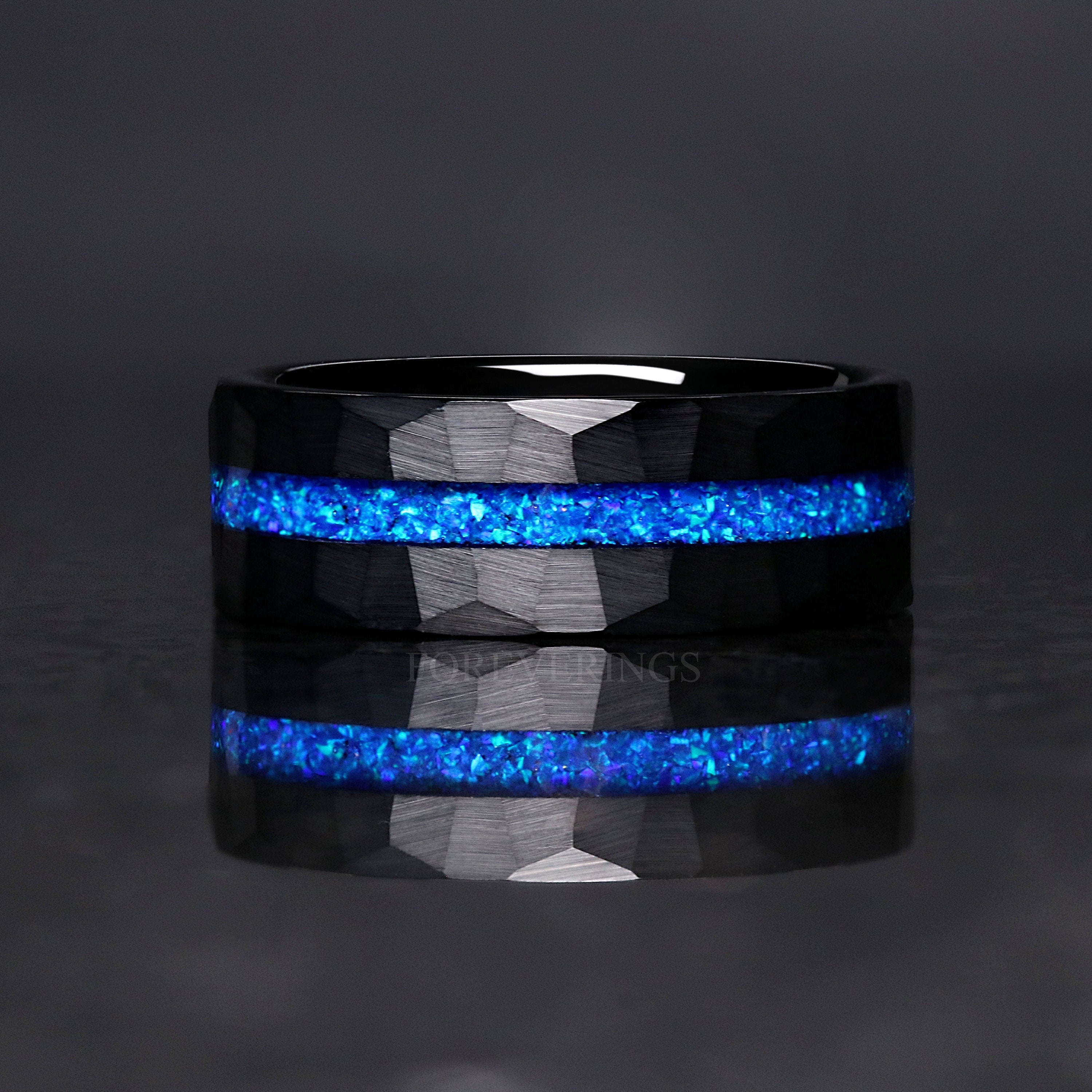 Blue Opal Ring Men, Wedding Band, Black Hammered Ring, Black Tungsten Ring, Matte Brushed, Fire Opal Band, Thin Blue Strip Ring, Engraving