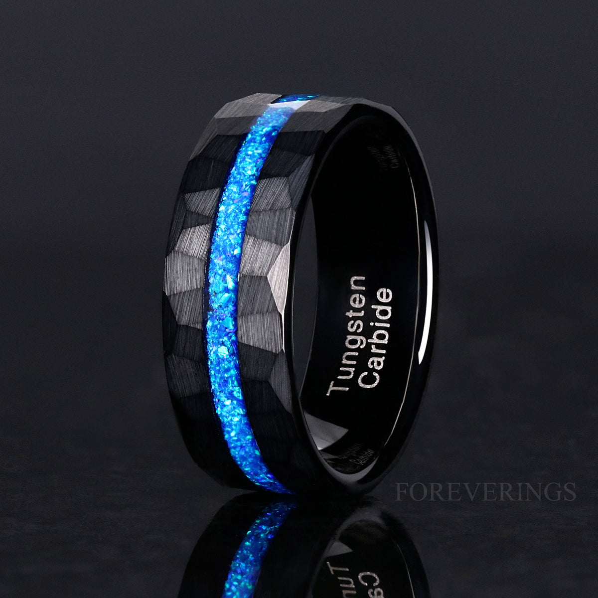 Blue Opal Hammered | Men's Black Tungsten Wedding Band | 8mm