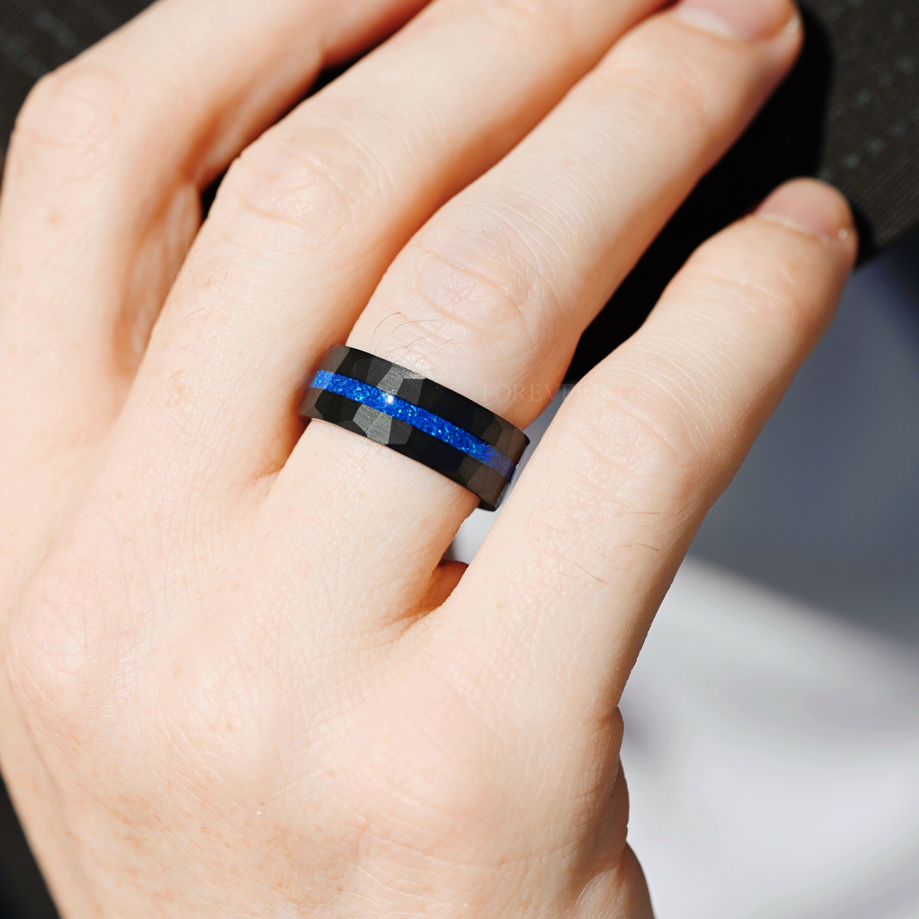 Blue Opal Ring Men, Wedding Band, Black Hammered Ring, Black Tungsten Ring, Matte Brushed, Fire Opal Band, Thin Blue Strip Ring, Engraving