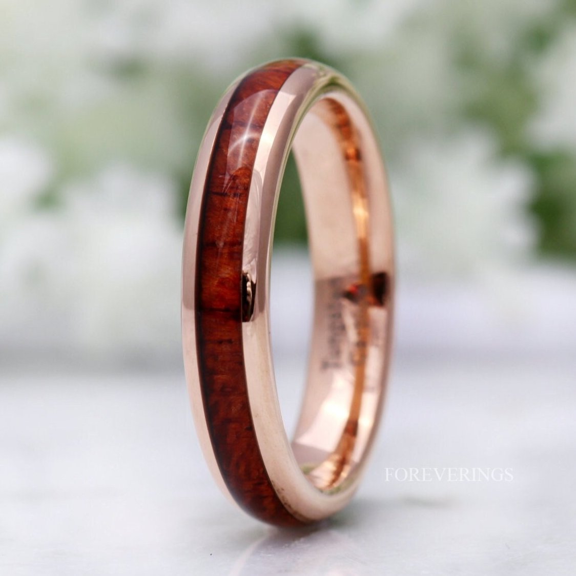 Rose Gold or Gold Koa Wood Tungsten Ring, 4mm Wedding Band, Women Men Ring, Comfort Fit, Unique Promise Ring, Nature Ring, Ring Engraving