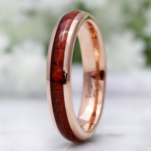 Rose Gold or Gold Koa Wood Tungsten Ring, 4mm Wedding Band, Women Men Ring, Comfort Fit, Unique Promise Ring, Nature Ring, Ring Engraving