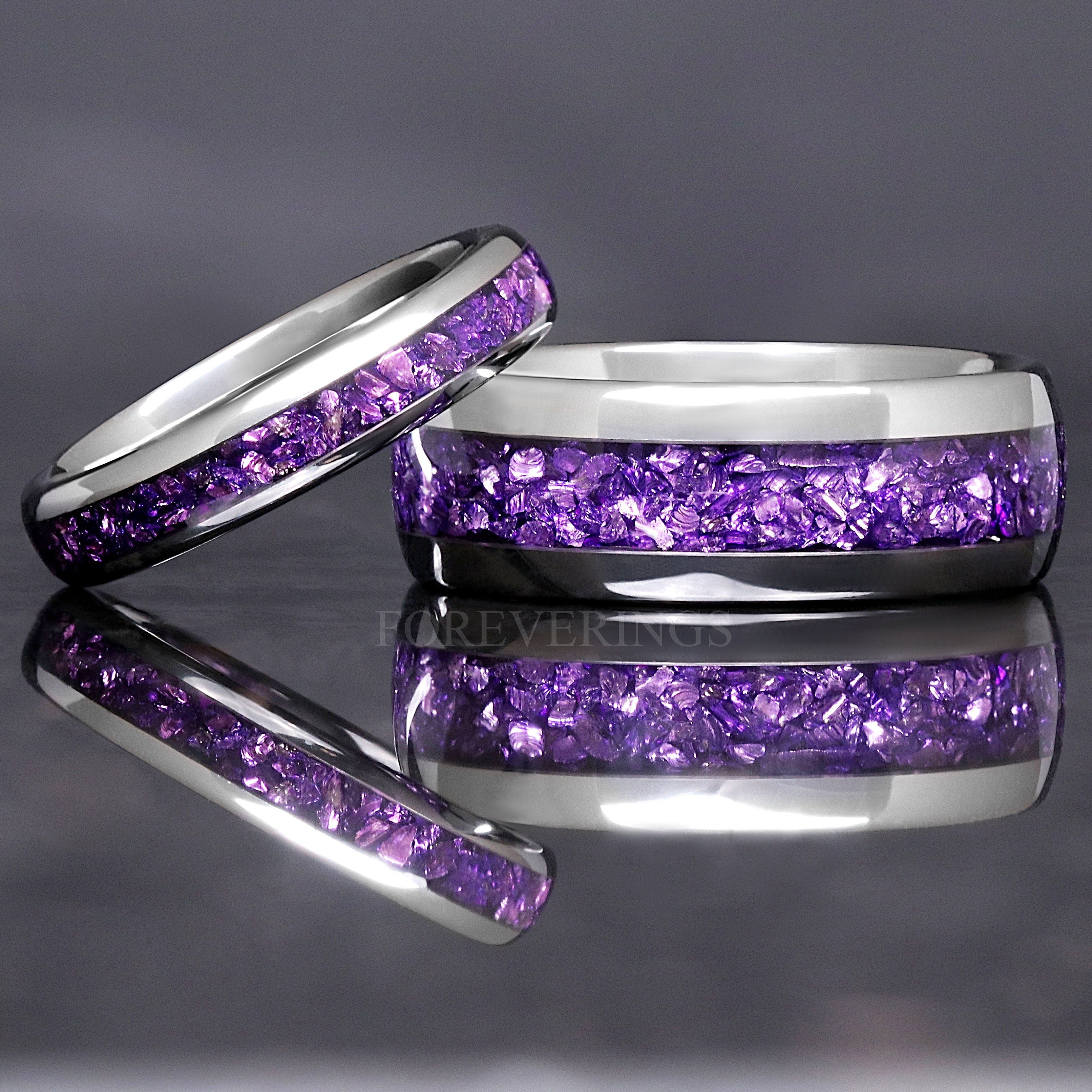 Silver Alexandrite Ring Set, His and Her Tungsten Wedding Band, 8mm & 4mm Ring Set, Purple Ring, Matching Couples Ring Set, Promise Ring Set