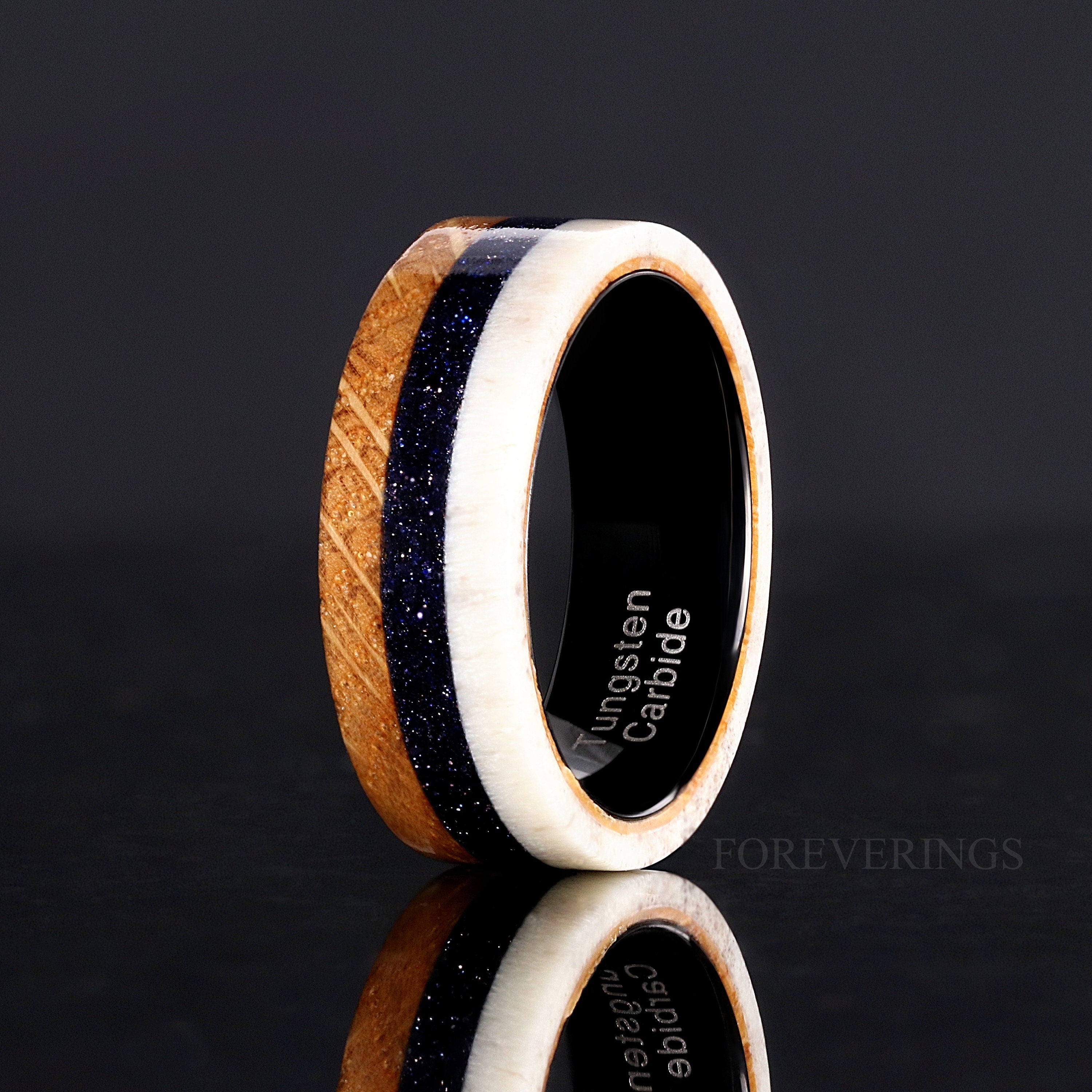 Mens Whiskey Barrel Ring, Antler Wedding Band, Black Nebula Ring, Blue Sandstone, Unique Engagement Ring, Promise Ring, Nature, Ring Engrave