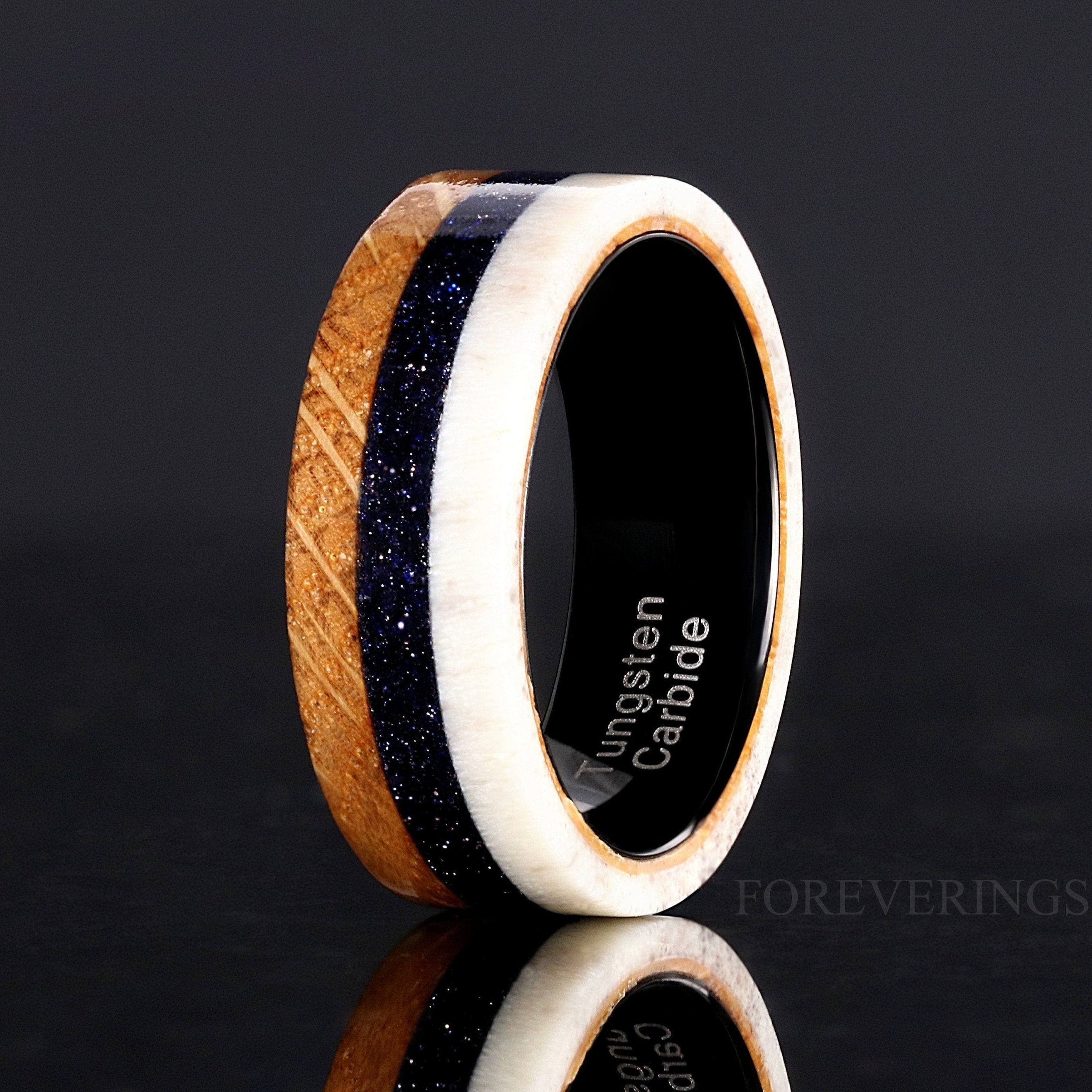 Mens Whiskey Barrel Ring, Antler Wedding Band, Black Nebula Ring, Blue Sandstone, Unique Engagement Ring, Promise Ring, Nature, Ring Engrave