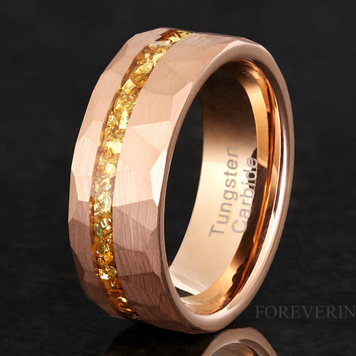 Man Citrine Ring Hammered Rose Gold Tungsten, 8mm Man Wedding Band, Unique Ring, Engagement, Man Promise Ring, Flat Hammered Ring, Engraving