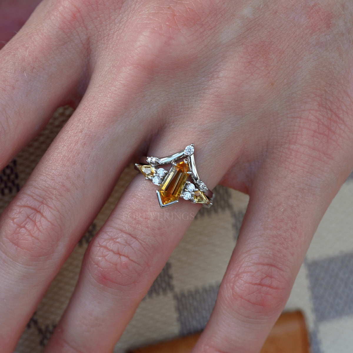 Citrine Engagement Ring Set Coffin Kite Cut, 925 Sterling Silver Ring, Promise Ring for Her, Unique Womens Ring, Citrine Ring, Engraving
