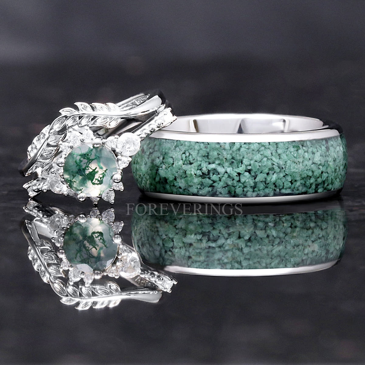 Nature-inspired moss agate bridal set beside a wider silver band with moss agate inlay