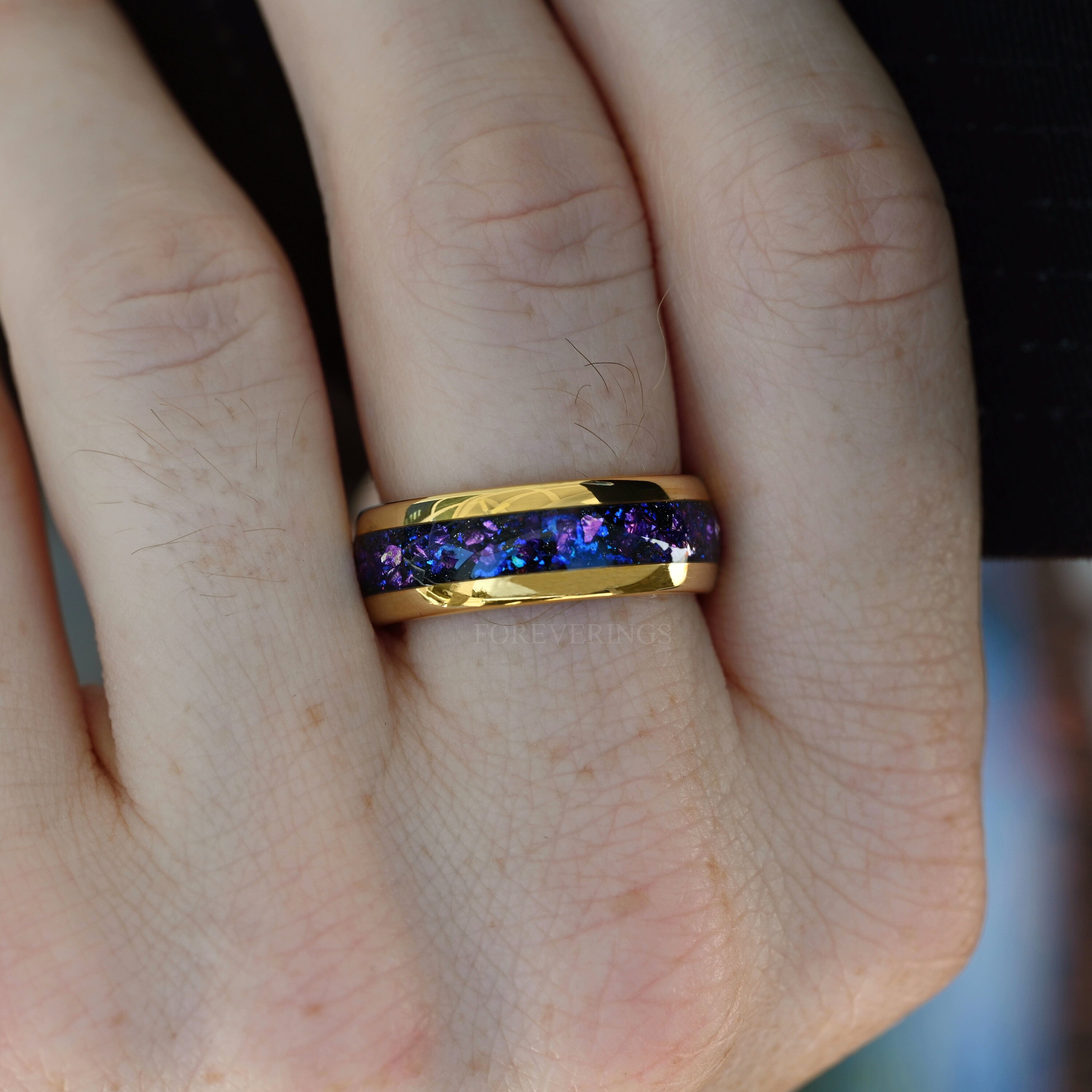 Crab Nebula Ring Set, His and Her Alexandrite Wedding Band, 8mm & 4mm Gold Tungsten Ring Set, Outer Space Ring, Polish, Dome, Comfort Fit