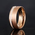 Men's 8mm matte rose gold tungsten band with an offset white fire opal strip