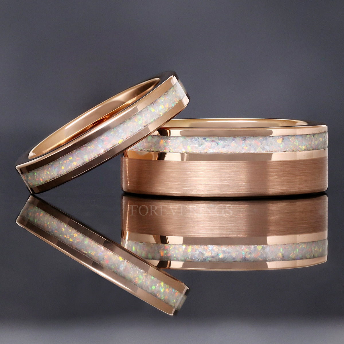 Mens White Fire Opal Ring | Rose Gold Tungsten Wedding Band