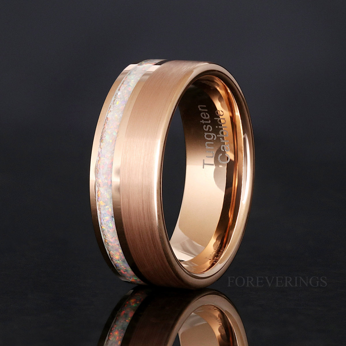 Mens White Fire Opal Ring | Rose Gold Tungsten Wedding Band