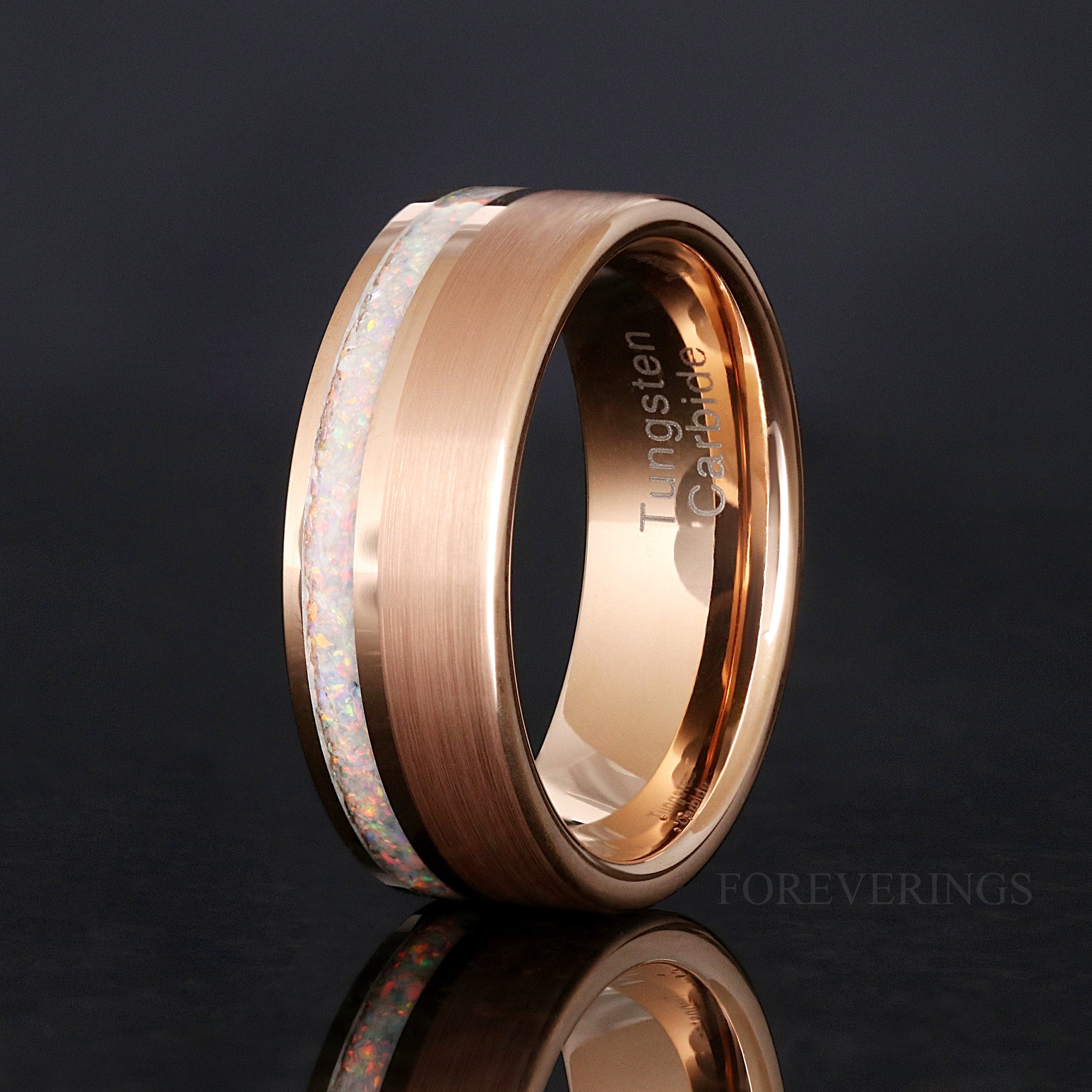 Opal Ring Men, Rose Gold Wedding Band, Personalized Gift, White Fire Opal, Man Tungsten Ring, 8mm Brushed Flat Ring, Unique Ring for Him