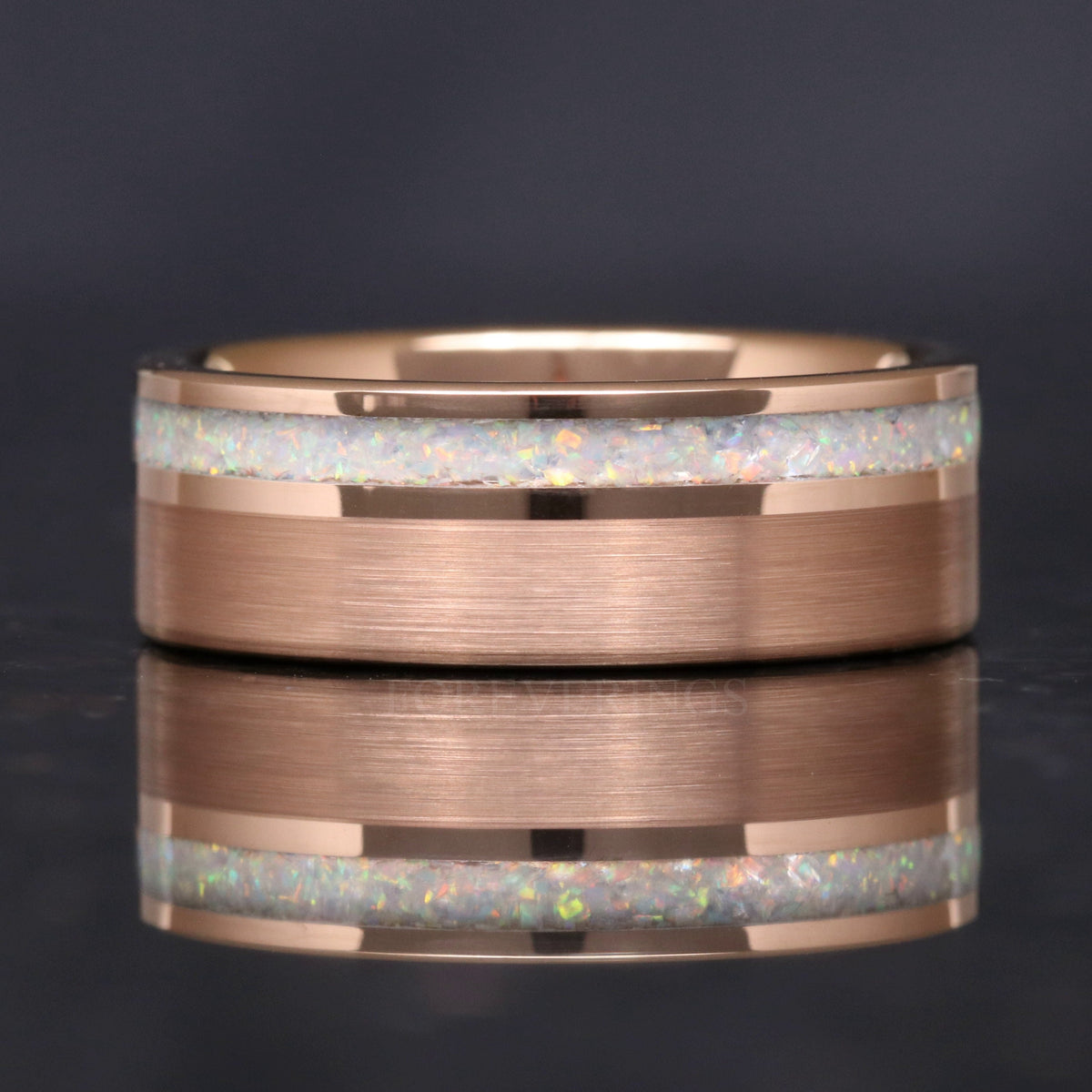 Mens White Fire Opal Ring | Rose Gold Tungsten Wedding Band