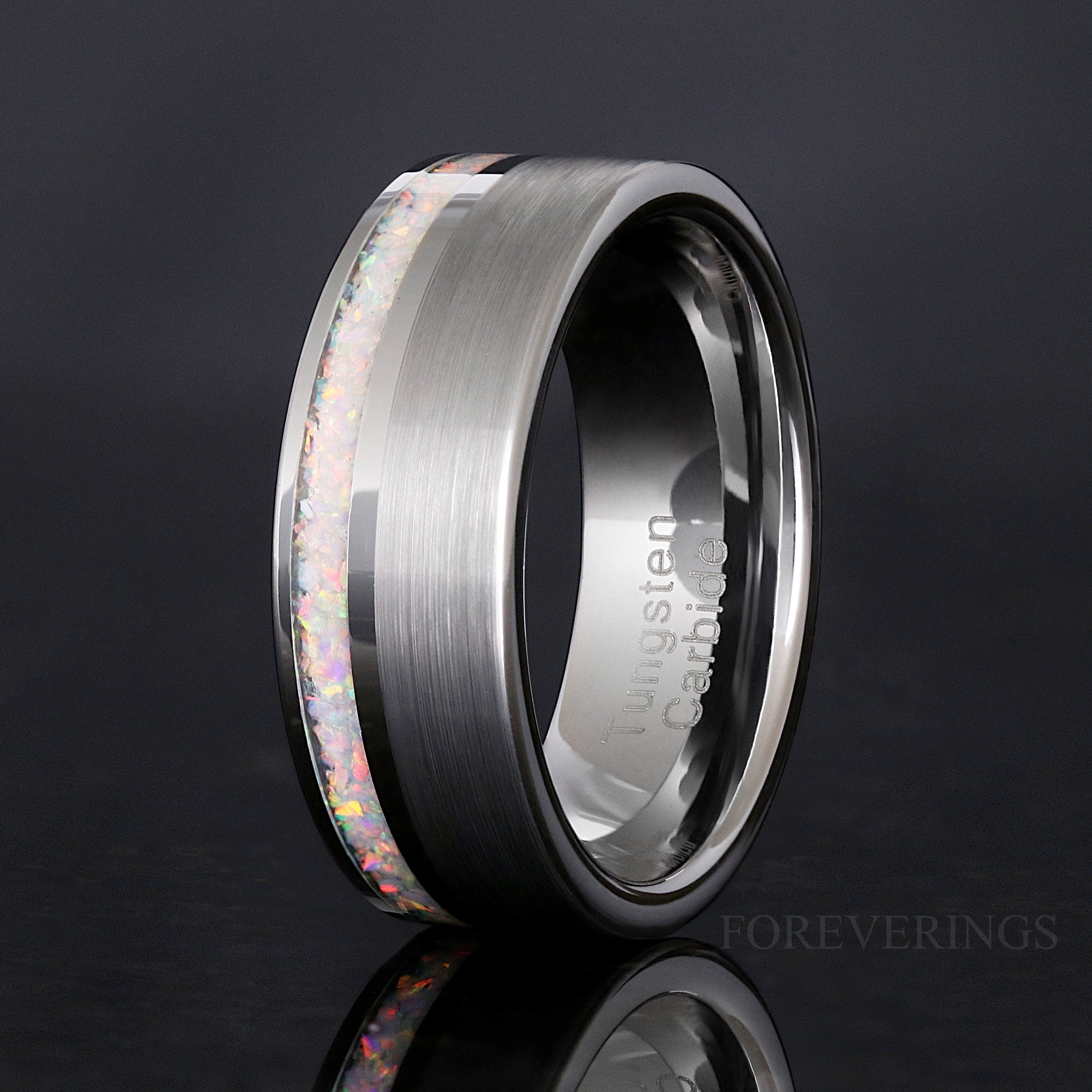 Mens Opal Ring, White Fire Opal Wedding Band, 8mm Brushed Flat Ring, Silver Tungsten Ring, Unique Man Promise Ring, Engraving