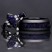 Rift Nebula Ring Set, His Her Starry Night Wedding Band, Personalized, Matching Couple Ring, Sandstone, Black Tungsten, 925 Silver