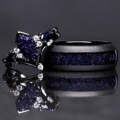 Rift Nebula Ring Set, His Her Starry Night Wedding Band, Personalized, Matching Couple Ring, Sandstone, Black Tungsten, 925 Silver