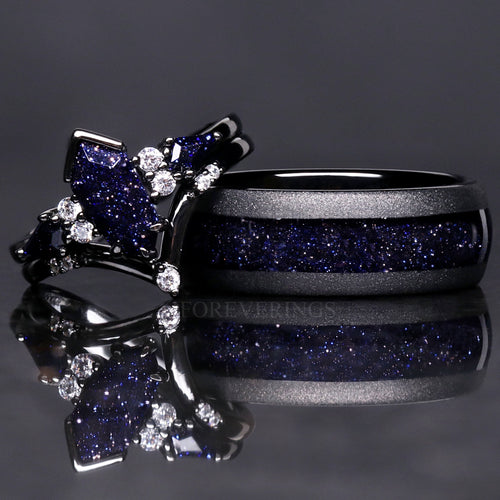 Rift Nebula Ring Set, His Her Starry Night Wedding Band, Personalized, Matching Couple Ring, Sandstone, Black Tungsten, 925 Silver