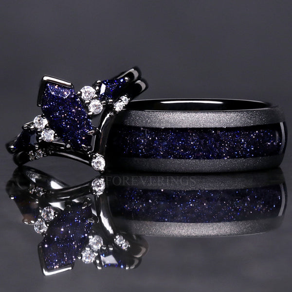 Rift Nebula Ring Set, His Her Starry Night Wedding Band, Personalized, Matching Couple Ring, Sandstone, Black Tungsten, 925 Silver