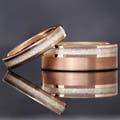 Matching rose gold tungsten couples ring set with white fire opal inlay, 8mm and 4mm