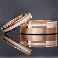 Rose Gold Opal Wedding Band Set, His Her Ring Set, White Fire Opal, Tungsten Set, 8mm & 4mm Matching Band, Promise Ring Couple, Personalized