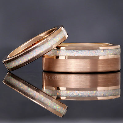 Rose Gold Opal Wedding Band Set, His Her Ring Set, White Fire Opal, Tungsten Set, 8mm & 4mm Matching Band, Promise Ring Couple, Personalized