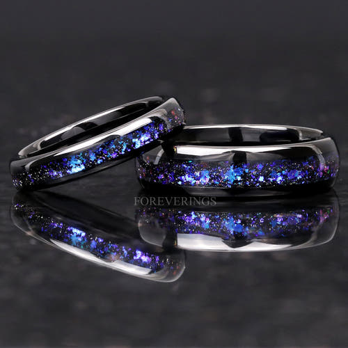 Matching black tungsten couples ring set with Orion nebula sandstone inlay, 6mm and 4mm