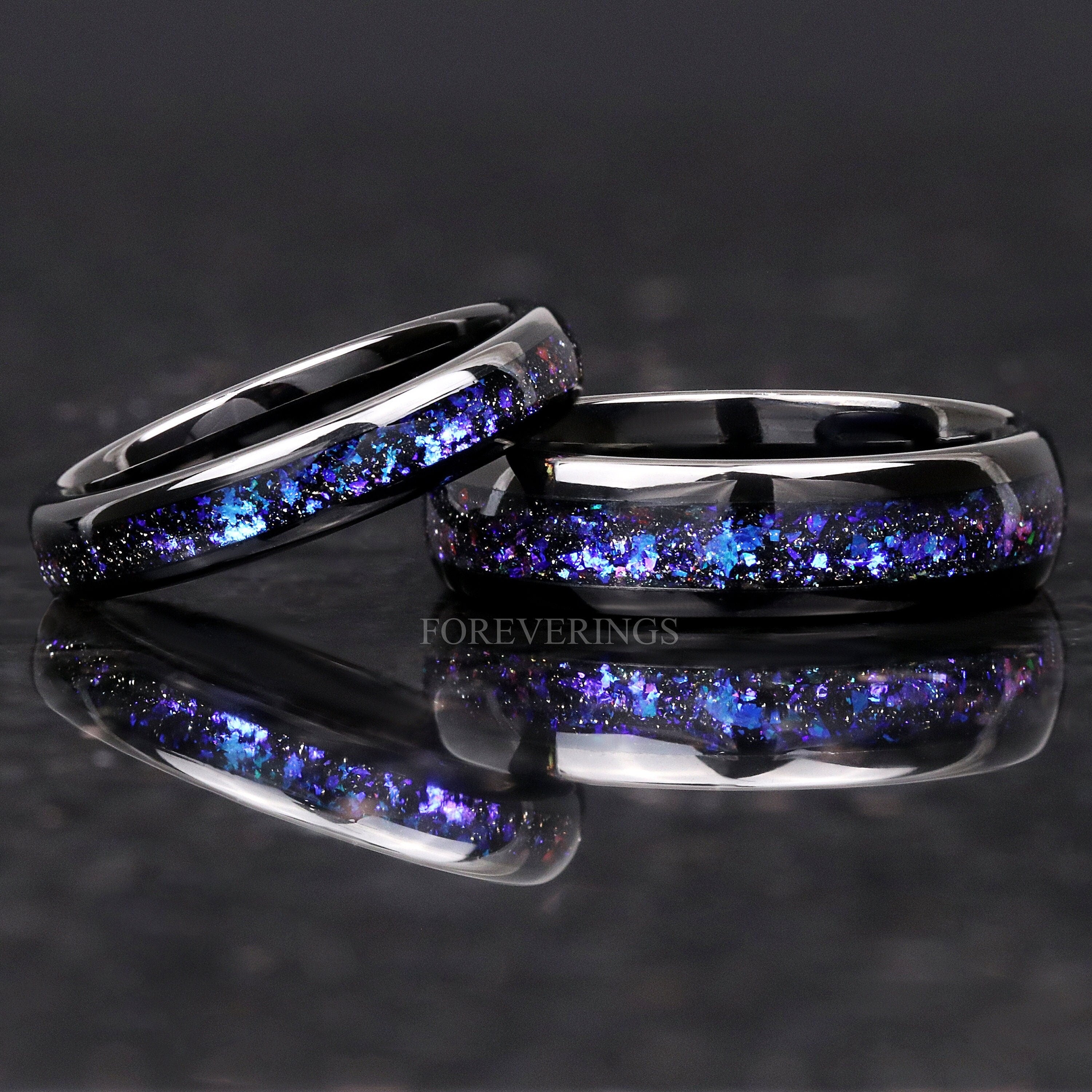 Orion Nebula Ring Set, His and Her Tungsten Wedding Band, 6mm & 4mm Black Ring, Outer Space Couples Ring, Polish, Dome, Comfort Fit