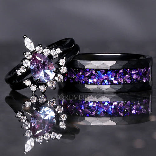 Matching black couples ring set with a pear alexandrite bridal set and 8mm hammered tungsten band