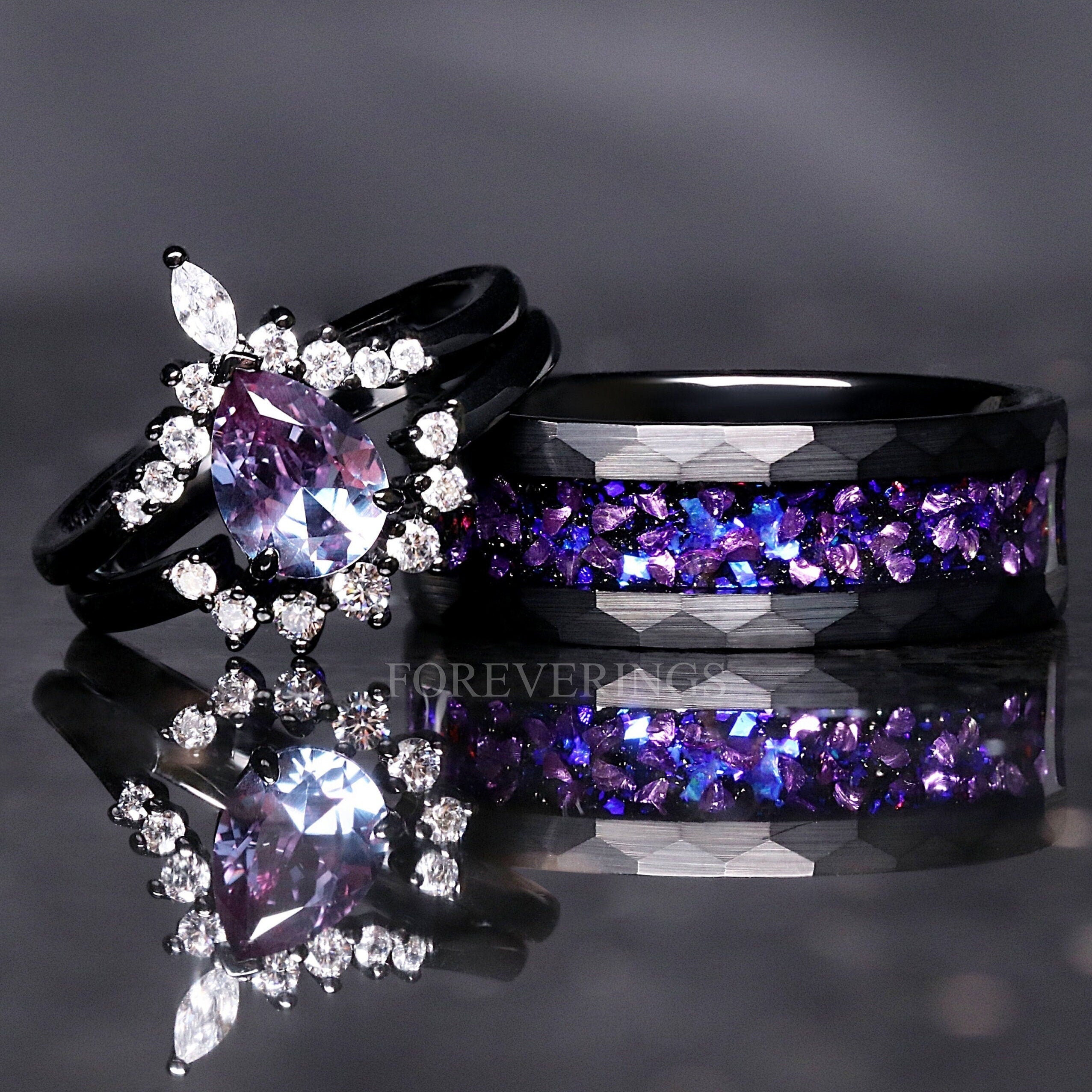 Alexandrite Ring Set, Crab Nebula, His and Her Wedding Bands, Black Hammered Tungsten Band, Purple Space Ring, Couples Engagement Ring Set