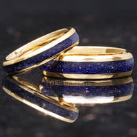 Great Rift Nebula Gold Ring Set, His and Hers Tungsten Wedding Band, 6mm & 4mm Band, Outer Space Couples Ring, Dome, Blue Sandstone Ring