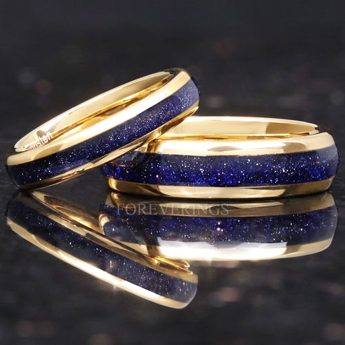 Great Rift Nebula Gold Ring Set, His and Hers Tungsten Wedding Band, 6mm & 4mm Band, Outer Space Couples Ring, Dome, Blue Sandstone Ring