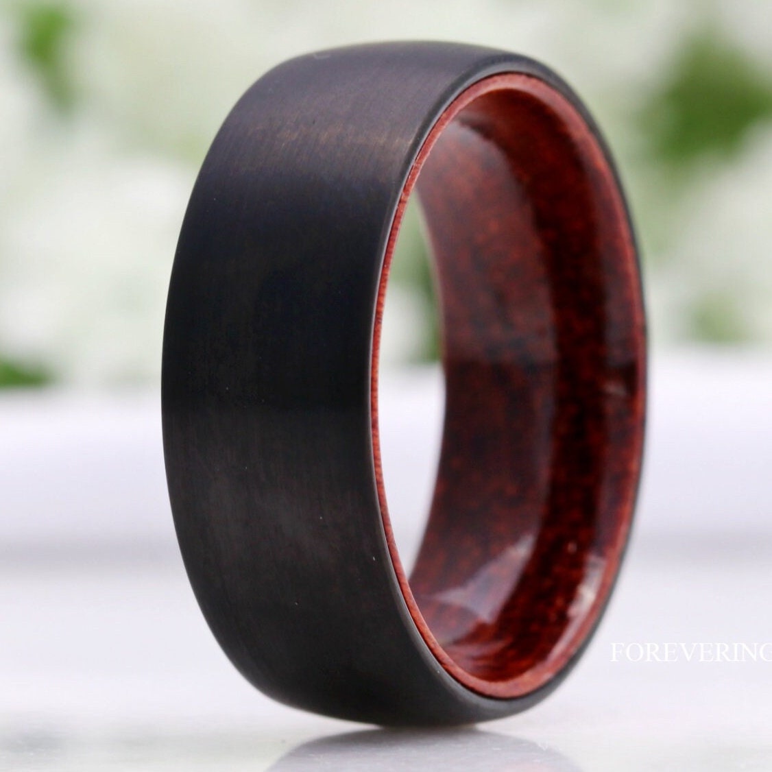 Mens Tungsten Wedding Band, Wood Wedding Band, Rosewood, Black Ring, Domed, Comfort Fit, 8mm Ring, Birthday Anniversary Gift for Him