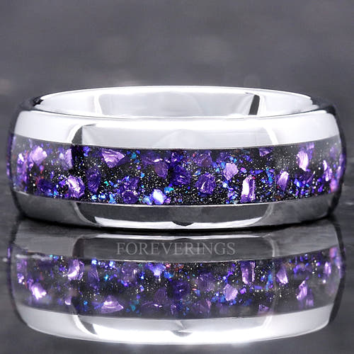Silver tungsten wedding band with Crab nebula alexandrite and purple sandstone inlay, close front view