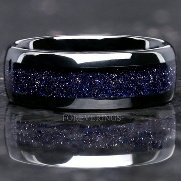 Great Rift Nebula Ring, Starry Night, Black Tungsten Wedding Band, 8mm-6mm-4mm, Dome, Polish, Space Ring, Blue Sandstone Band, Ring Engrave